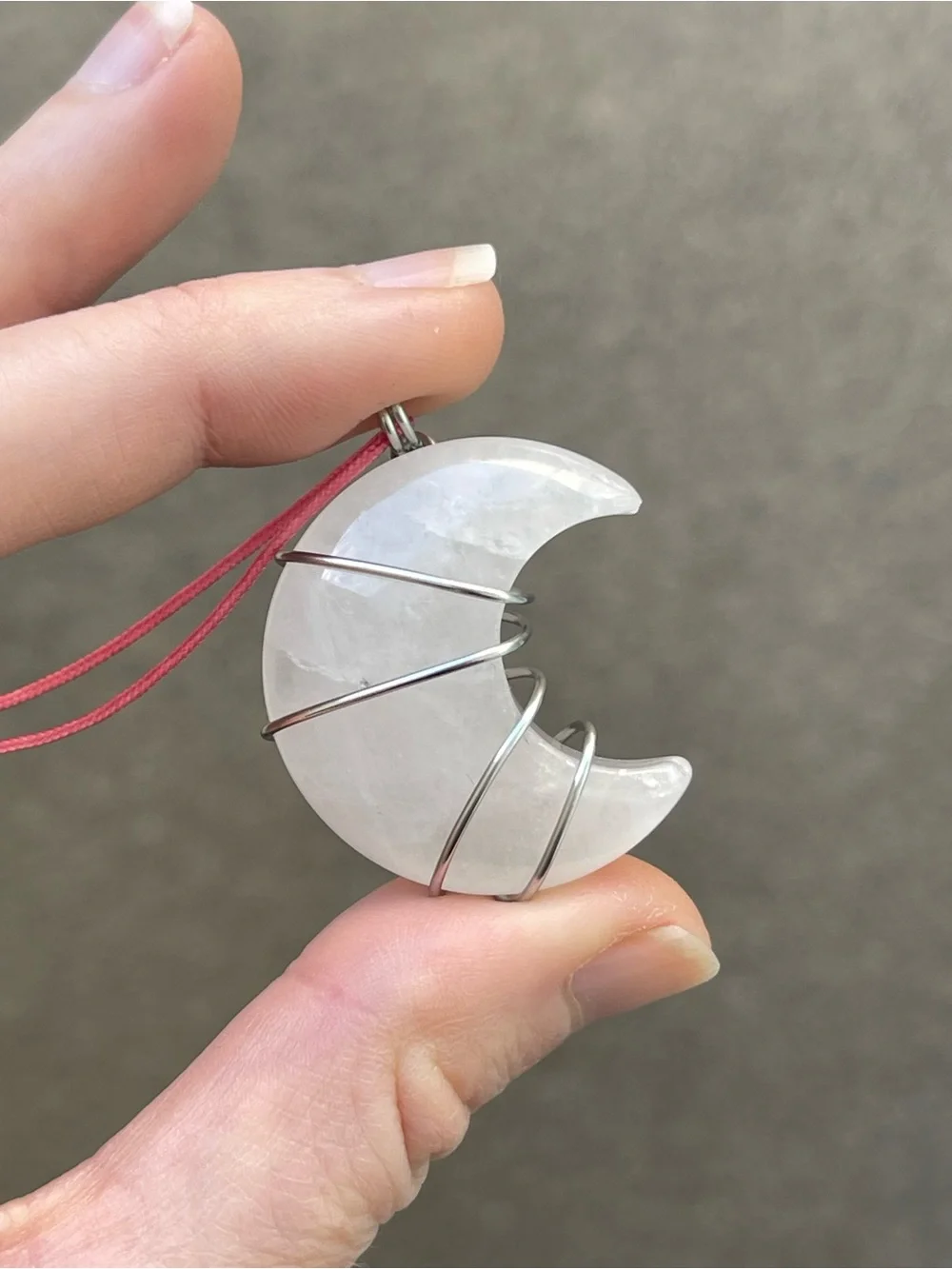 Clear Quartz Moon Necklace on Pink Nylon Cord Stainless Steel Wire Wrap